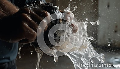Fresh water spraying, hands holding, nature refreshing flow pouring Stock Photo