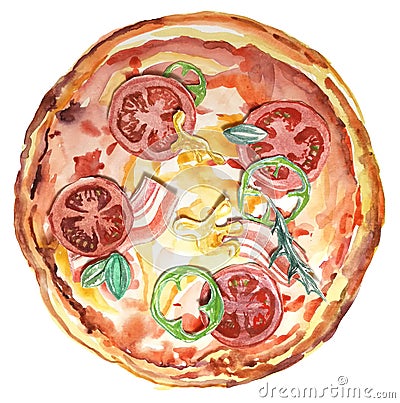 Fresh watercolor pizza. Italian food, drawing meal Stock Photo