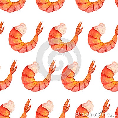 Fresh watercolor shrimps seamless pattern. Hand-drawn illustration. Peeled seafood delicacies. Boiled prawn meat. Cartoon Illustration