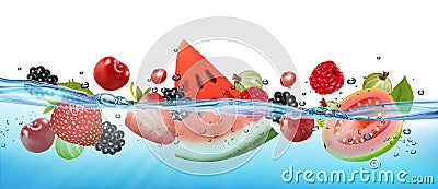 Fresh watermelon and different berries and fruit in transparent water Vector Illustration