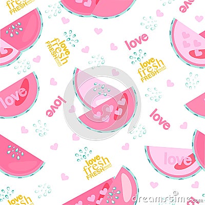 Fresh watermelon with drops and text seamless pattern Vector Illustration