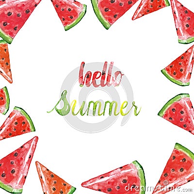 Fresh watermelon illustration on white background. Hand painted summer juicy fruits frame Cartoon Illustration