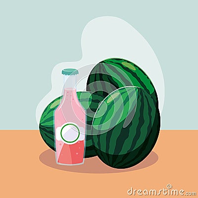 fresh watermelons with bottle of juice natural Cartoon Illustration
