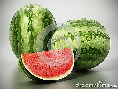 Fresh watermelons and one watermelon slice. 3D illustration Cartoon Illustration