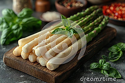 Fresh white asparagus and ramson leaves on chopping board Stock Photo