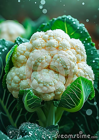 Fresh White Cauliflower with Water Drops in Garden Stock Photo