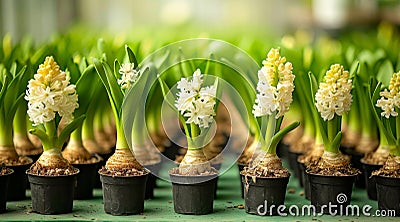 Fresh white hyacinth bulbs sprouting vibrant green leaves in soft sunlight Stock Photo