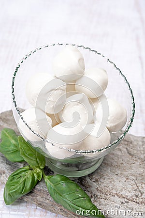 Fresh white soft mini mozzarella balls served with fresh green basil Stock Photo