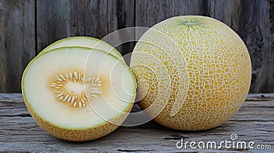 Fresh Whole and Cut Galia Melon on Rustic Wooden Background Stock Photo