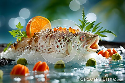 Fresh Whole Fish Adorned with Citrus and Herbs, Gourmet Seafood Presentation on Ice with Vegetables Stock Photo