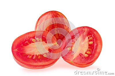 Fresh whole and half tomatoes Russian queen isolated on white Stock Photo