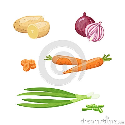 Fresh Whole and Half Vegetables Set. Red and Green Onions, Carrot, Potatoes. Vector Illustration