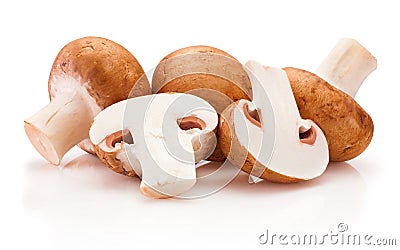 Fresh whole and sliced champignon mushrooms isolated on white background Stock Photo