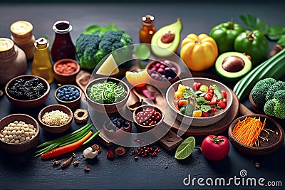 Healthy food choices on a rustic wooden board. Generative AI. Stock Photo