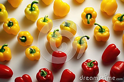 Fresh yellow and red bell peppers on a white background top view. Banner for a vegetable shop. Generative AI Stock Photo