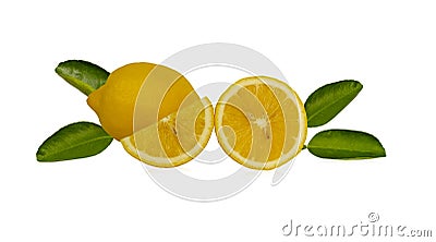 Fresh yellow ripe lemon round fruit, half sliced fruits and green leaf isolated on white background with clipping part Stock Photo