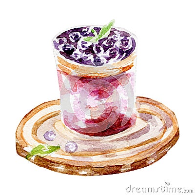 Fresh yogurt illustration. Hand drawn watercolor on white background. Cartoon Illustration