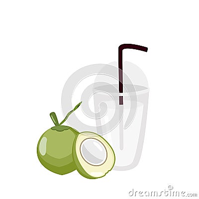 Fresh young coconut with glass of coco smoothie juice Vector Illustration