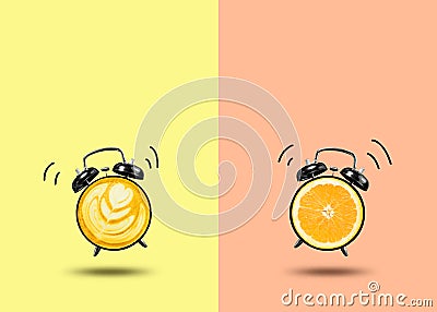 freshing time with orange and coffee clock on colorful Stock Photo