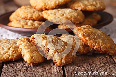 Freshly baked Australian ANZAC biscuits close up. horizontal Stock Photo