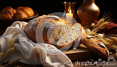 Freshly baked bread, a rustic meal on a wooden table generated by AI Stock Photo
