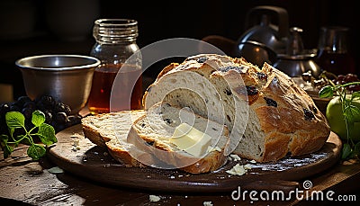 Freshly baked bread on wooden table, a gourmet rustic meal generated by AI Stock Photo