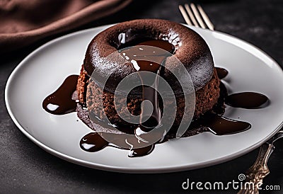 Freshly baked brownie topped with a glazed donut, AI-generated. Stock Photo