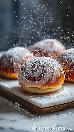 Freshly baked buns on a cutting board, being sprinkled with powdered sugar. Delicious homemade sweet dessert. Generative AI Stock Photo