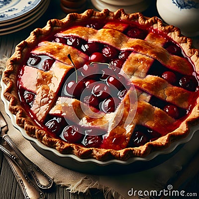 Freshly-baked homemade cherry pie with golden-brown lattice crust glossy from the egg wash Stock Photo