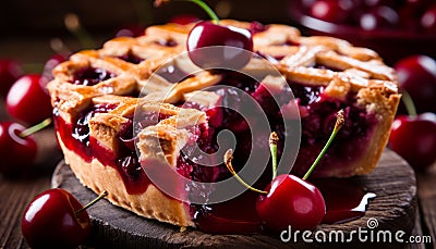 Freshly baked cherry pie on rustic wooden background, perfect summer dessert for picnics Stock Photo