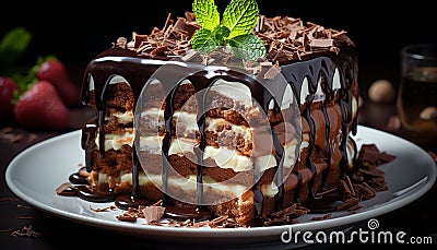 Freshly baked chocolate cake with creamy whipped chocolate icing generated by AI Stock Photo