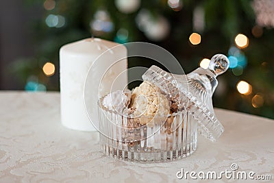 Freshly baked christmas cookies in a beautiful glass container Stock Photo