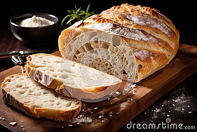 Freshly baked ciabatta bread on a cutting board, Ciabatta bread sliced on a board, AI Generated Stock Photo