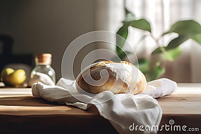 Freshly baked ciabatta bread on a white kitchen towel on a wooden table. Generative AI Stock Photo