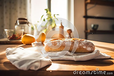 Freshly baked ciabatta bread on a white kitchen towel on a wooden table. Generative AI Stock Photo