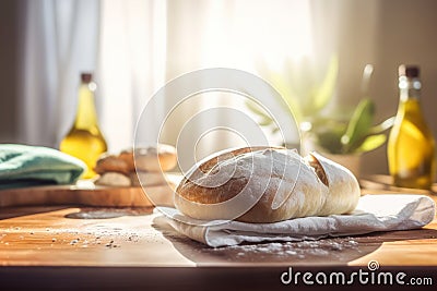 Freshly baked ciabatta bread on a white kitchen towel on a wooden table. Generative AI Stock Photo