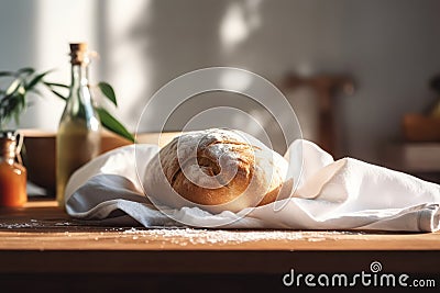 Freshly baked ciabatta bread on a white kitchen towel on a wooden table. Generative AI Stock Photo