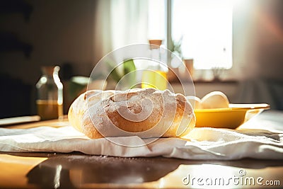 Freshly baked ciabatta bread on a white kitchen towel on a wooden table. Generative AI Stock Photo