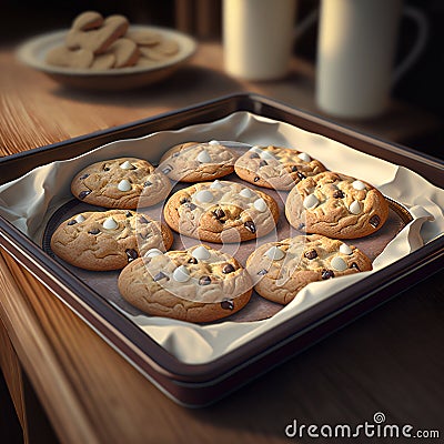 freshly baked cookies white chocolate your own hands on baking sheet after oven Stock Photo