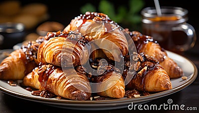 Freshly baked croissant on wooden plate, a sweet and crunchy snack generated by AI Stock Photo