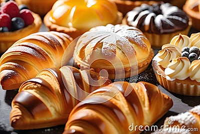 Freshly baked croissants and other pastries on a dark slate board Cartoon Illustration