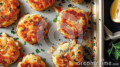 Freshly baked delicious crab cakes on a baking sheet sprinkled with herbs. Traditional food of American cuisine Stock Photo