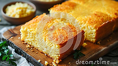 Freshly baked fluffy buttery cornbread with golden crust on a wooden cutting board. Traditional Southern states cuisine Stock Photo