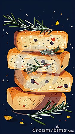 Freshly Baked Focaccia Bread Vertical Trendy Illustration. Stock Photo