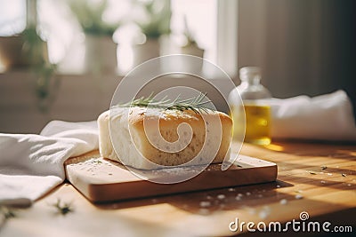 Freshly baked focaccia bread on a white kitchen towel on a wooden table. Generative AI Stock Photo