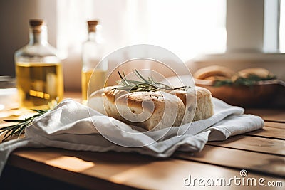 Freshly baked focaccia bread on a white kitchen towel on a wooden table. Generative AI Stock Photo