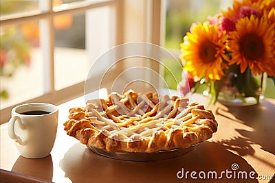 freshly baked homemade pie stands on the windowsill next to a cup of coffee, bouquet of wildflowers Stock Photo