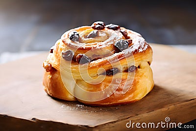 Freshly-baked pain aux with raisins sitting atop a rustic wooden board, AI-generated. Stock Photo