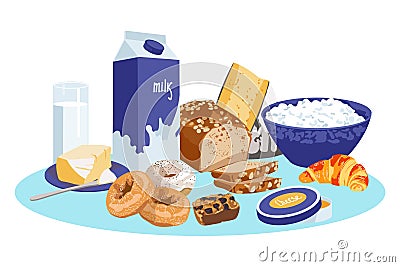 Freshly baked pastries and dairy products Vector Illustration