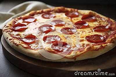 A freshly baked pepperoni pizza served on a wooden tray. (Generative AI) Stock Photo